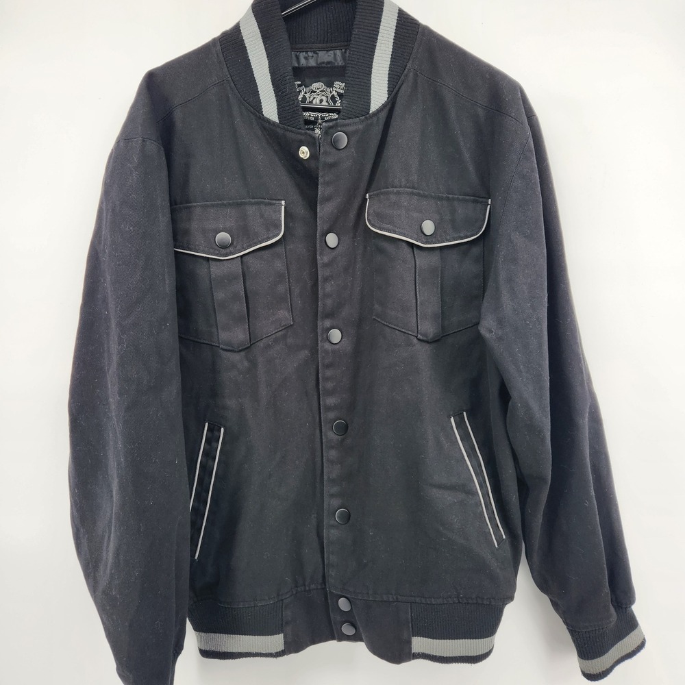 BS High Quality Clothing Co Men XL Black Canvas Bomber Varsity Jacket Snap Front